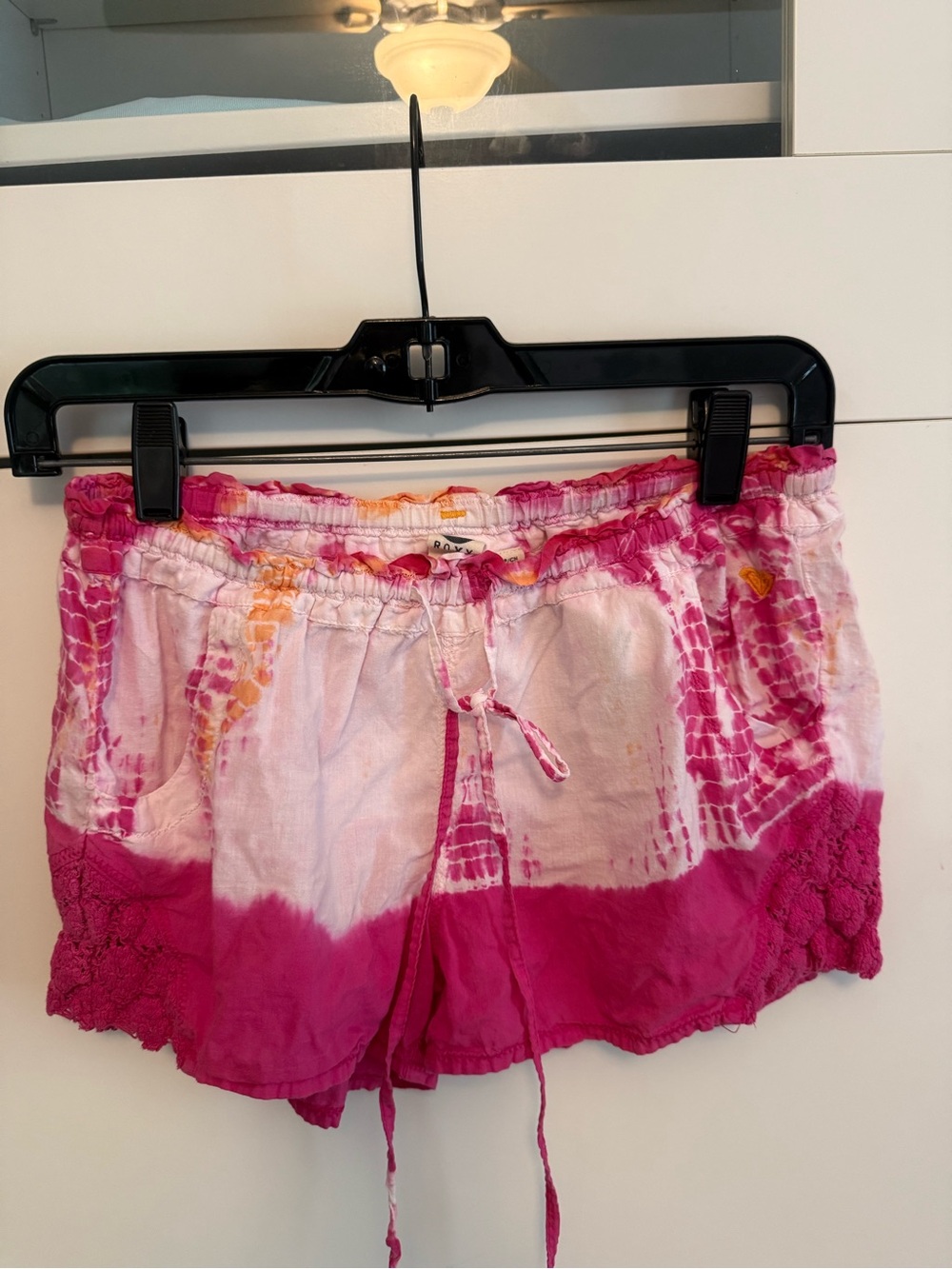 Roxy Pink Tie-Dye Crochet Trim Drawstring Shorts